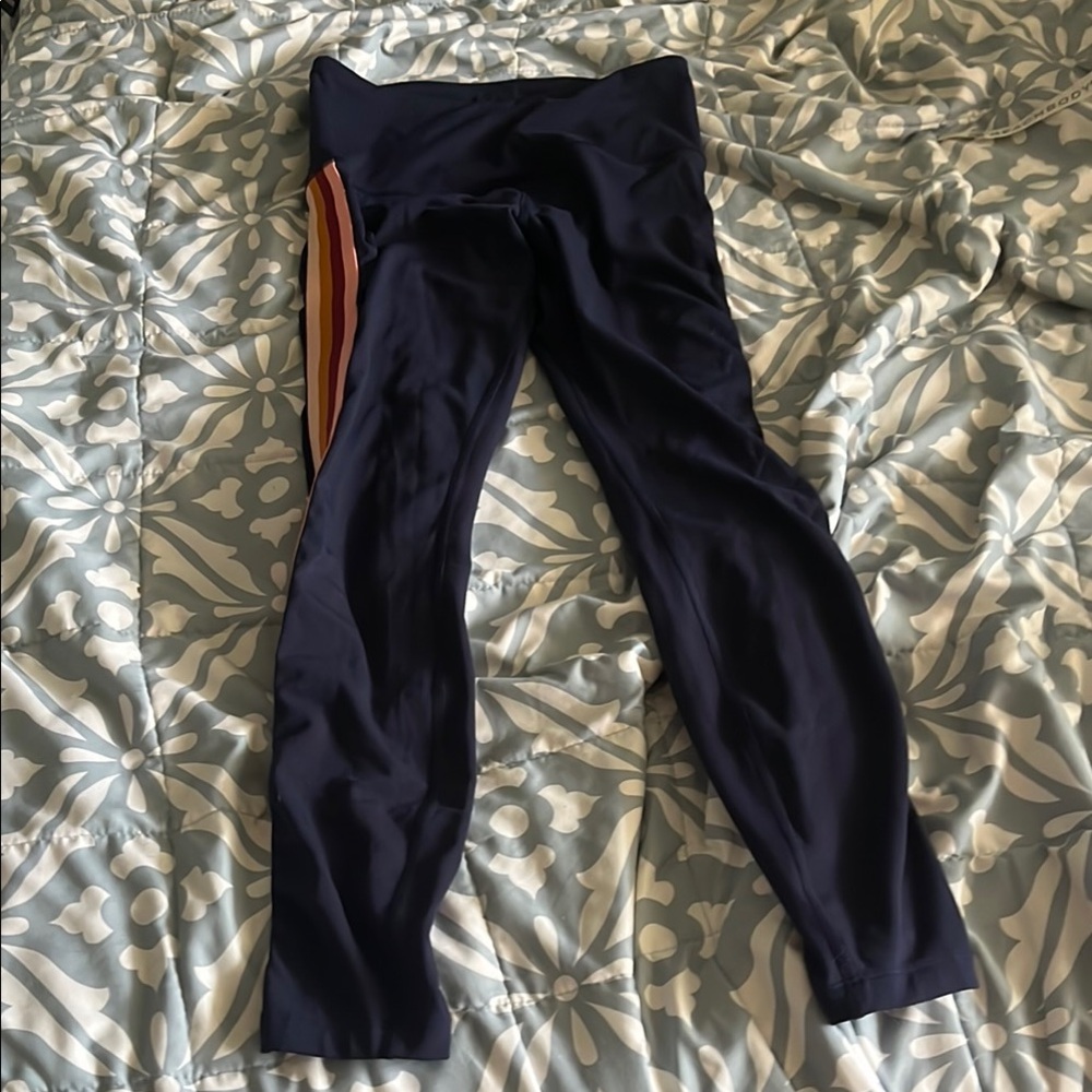 Lorna Jane Navy Leggings with Striped Detail, 25” inseam